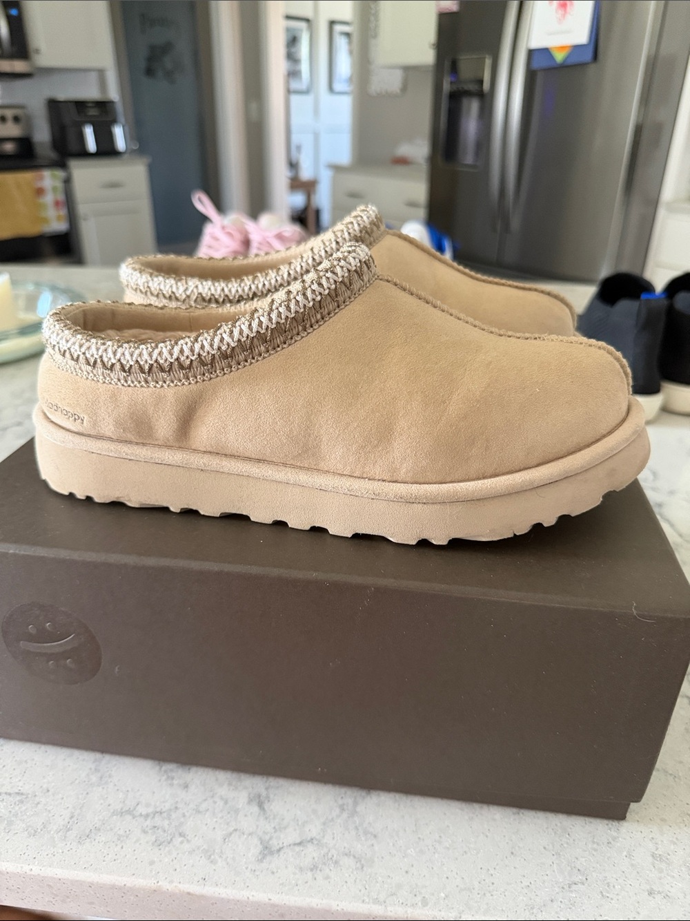 UGG Women's Tan Slip-On Knit-Trim Clogs